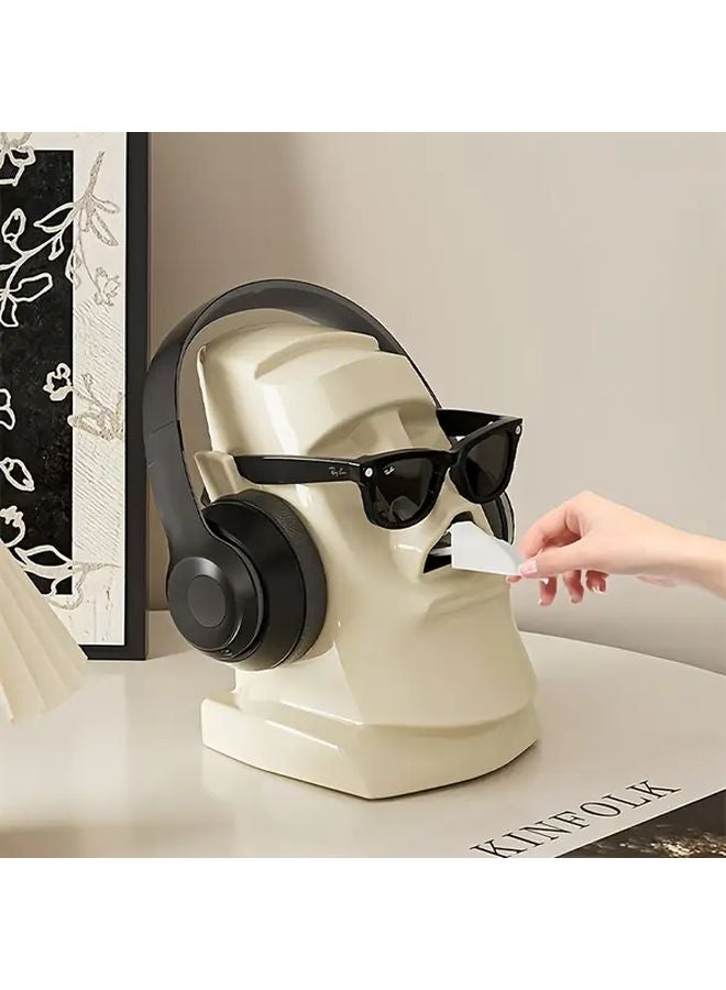 حامل سماعات الرأس القديم الكريمي الأبيض وصندوق المناديل المدمج متعدد الوظائف بتصميم حجري منظّم - Image 4